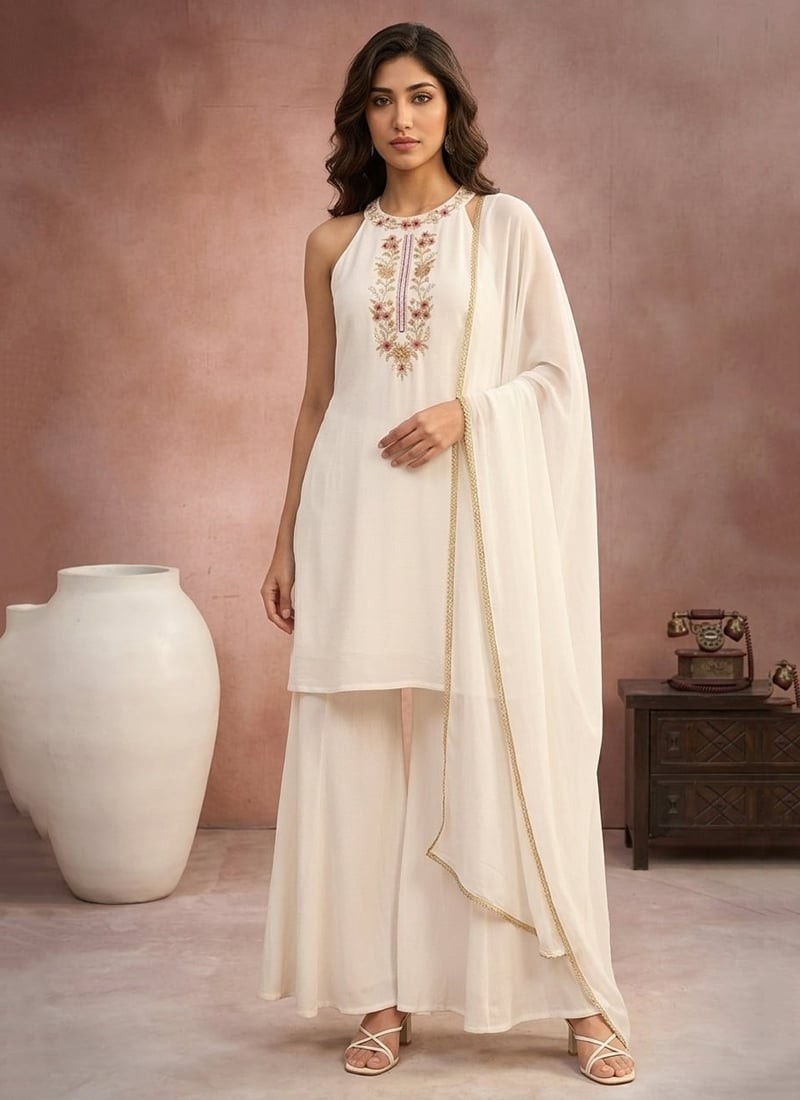 Delightful Off White Faux Georgette Resham Embroidered Palazzo Suit Festive Wear