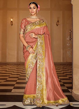 Delightful Peach Soft Silk Zari Weaving Heavy Thread Embroidery Khatli Work Saree