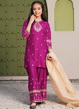 Delightful Pink Natural Crepe Silk Embroidery Sequence Work Kids Girls Palazzo Suit