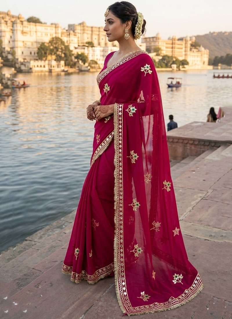 Delightful Pink Royal Georgette Embroidered Gota Saree Festive Wear