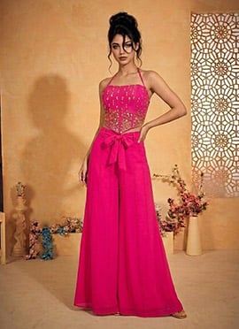 Delightful Pink Silk Beads Mirror Work Indowestern Set And Suit