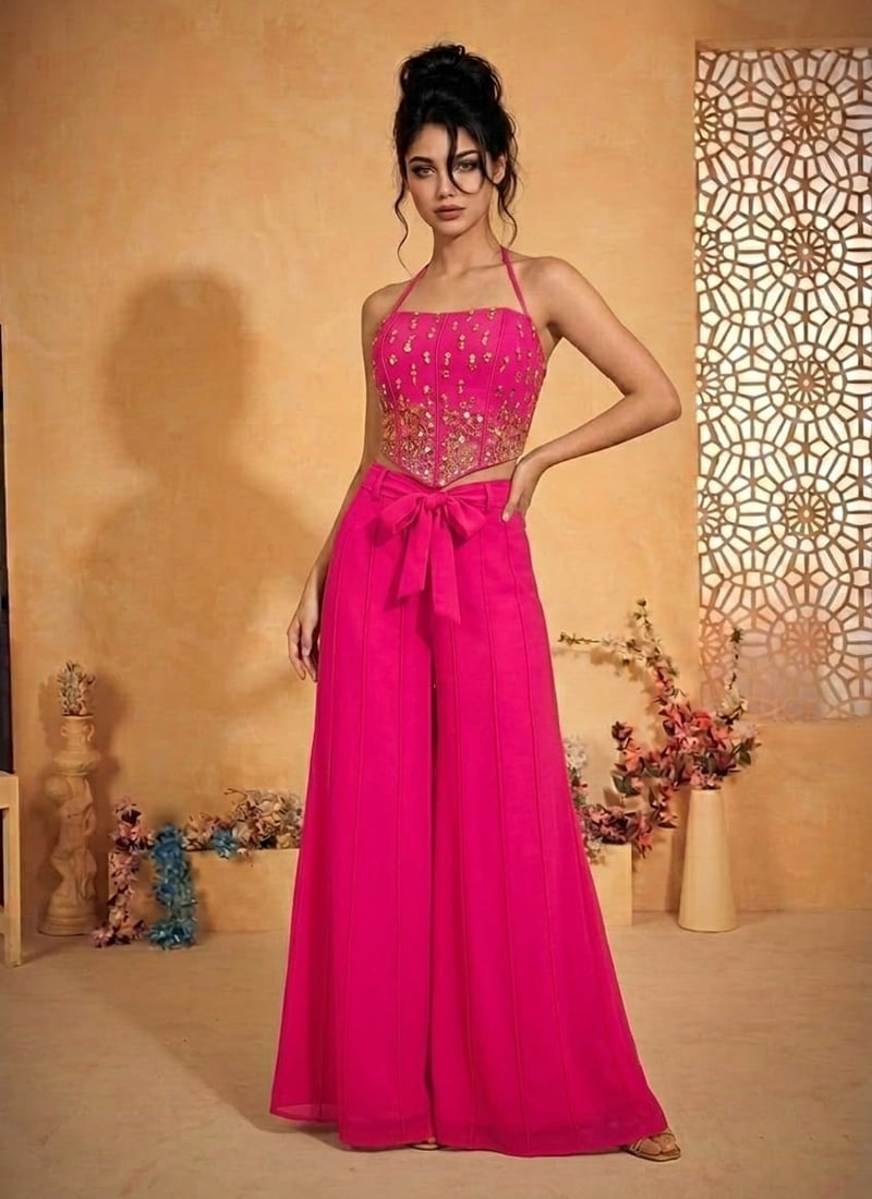 Delightful Pink Silk Beads Mirror Work Indowestern Set And Suit Wedding Wear