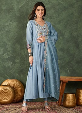 Delightful Sky Silk Embroidered Straight Pant Suit