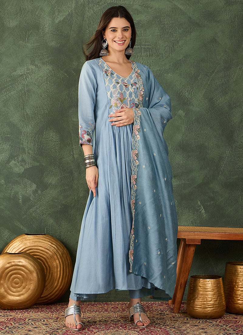 Delightful Sky Silk Embroidered Straight Pant Suit After Six Wear