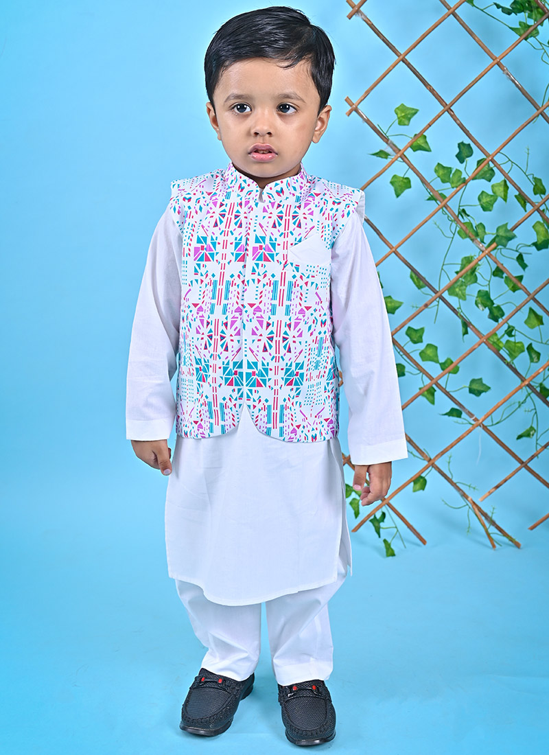 Delightful White Cotton Boys Bandi Set Party Wear