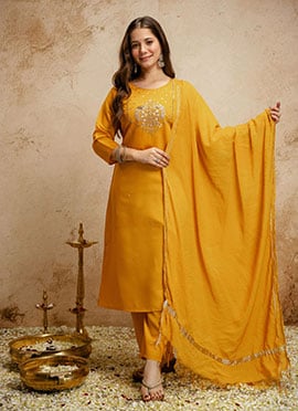 Delightful Yellow Chanderi Embroidered Straight Pant Suit