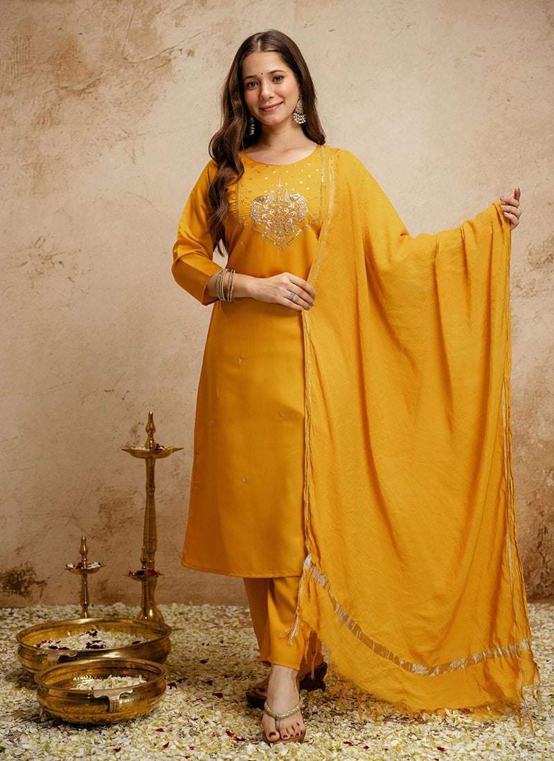 Delightful Yellow Chanderi Embroidered Straight Pant Suit After Six Wear