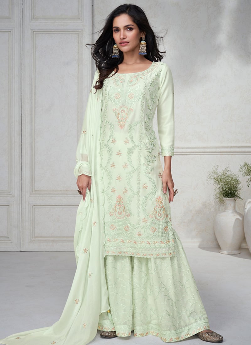 Delightfully Embroidered Sequined Mirror Work Sharara Suit Party Wear