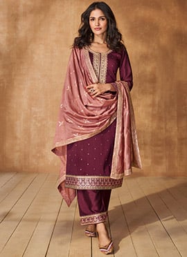 Delightfully Embroidered Sequins Silk Straight Pant Suit