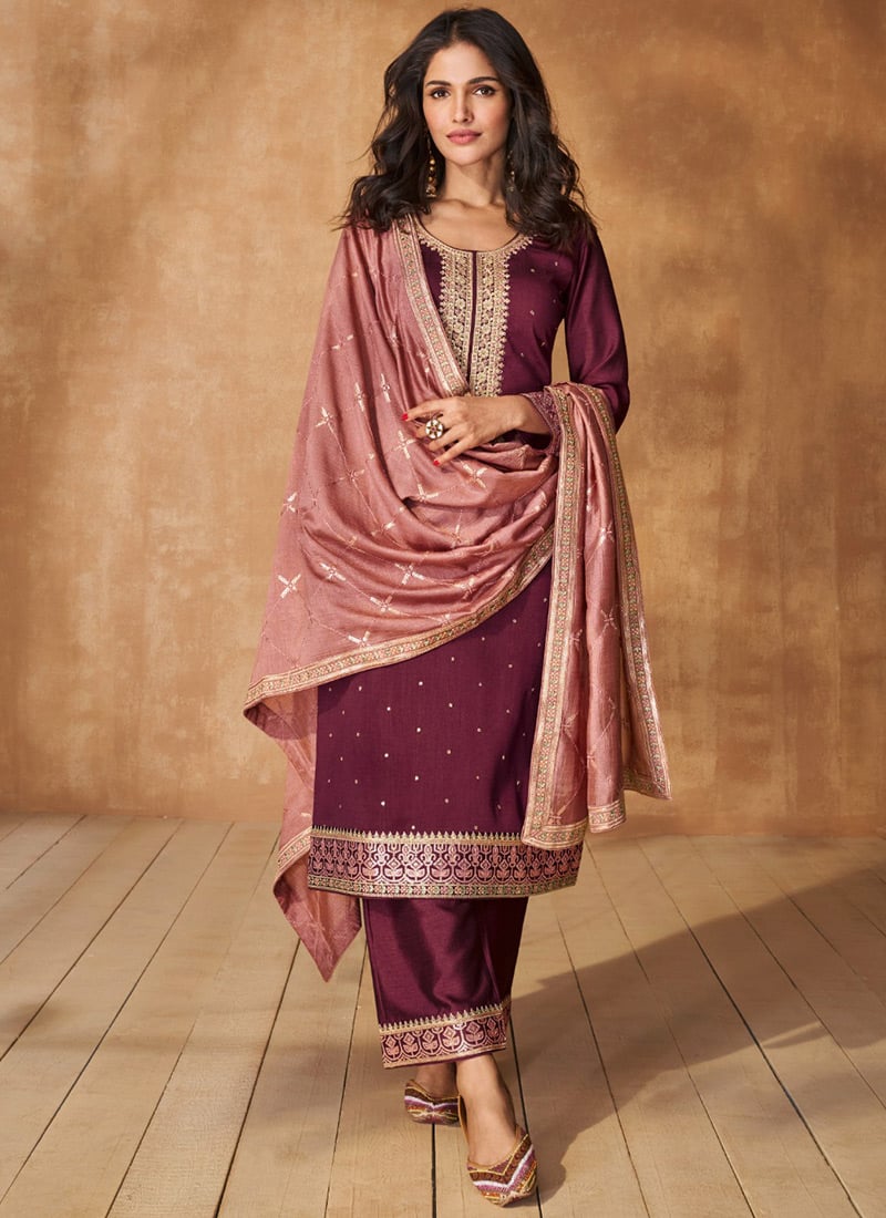 Delightfully Embroidered Sequins Silk Straight Pant Suit Party Wear