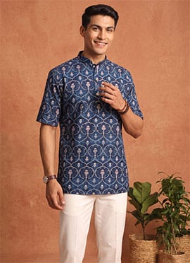 Denim Blue Cotton Digital Print Kurta For Men
