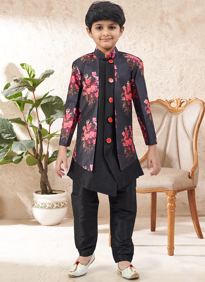 Designer Black Banarasi Silk Digital Print Kids Boys Indowestern Sherwani Wedding Wear