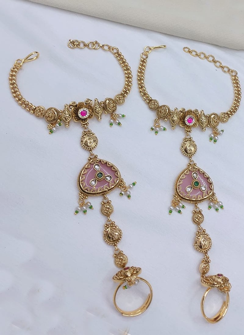 Designer Gold Copper Beads Kundan Haath Pool Wedding Wear