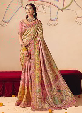 Designer Peach Dola Silk Zari Embroidered Sequins Cut Work Jacquard Print Saree