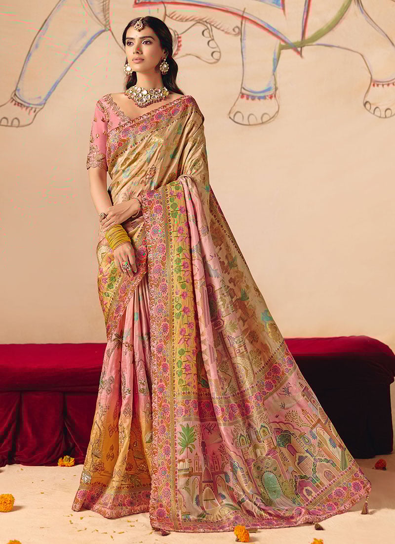 Designer Peach Dola Silk Zari Embroidered Sequins Cut Work Jacquard Print Saree Wedding Wear