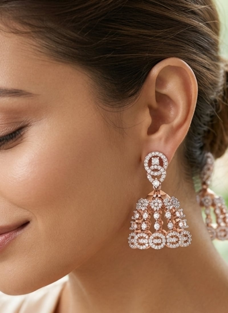 Designer Rose Gold Plated 925 Sterling Silver Moissanite Stone Jhumka Wedding Wear