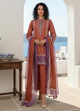 Designer Rust Silk Resham Embroidered Stones Beads Straight Pant Suit