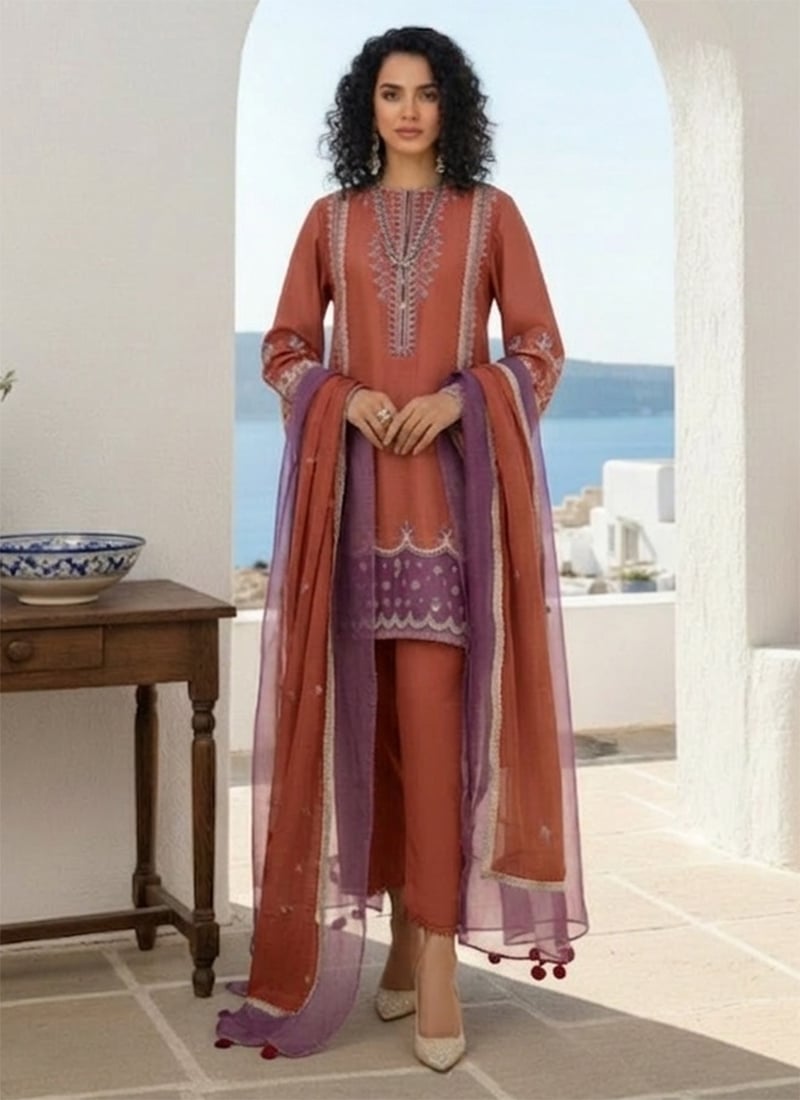 Designer Rust Silk Resham Embroidered Stones Beads Straight Pant Suit Festive Wear