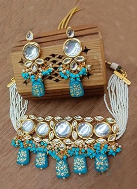 Designer Sky Blue Beads Choker Set