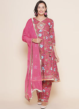 Detailed Blended Cotton Printed Straight Pant Suit