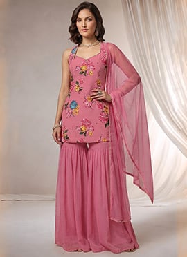 Digital Print Georgette Sharara Suit In Pink