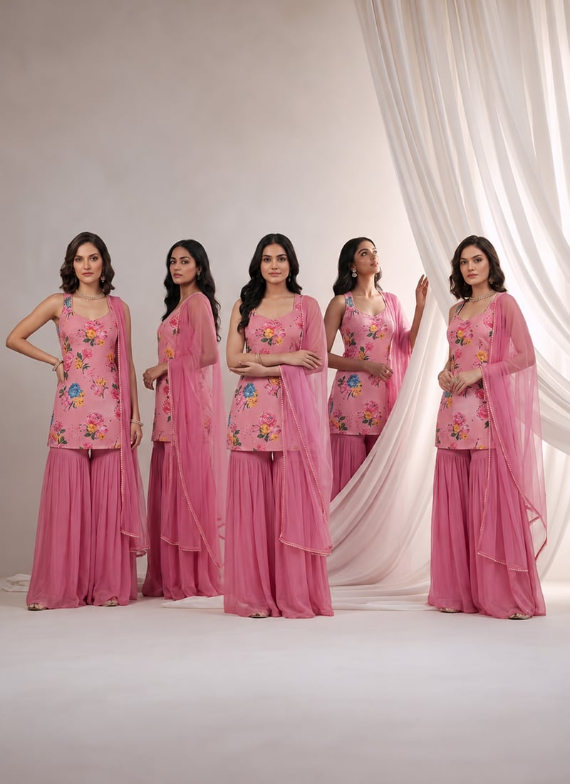 Digital Print Georgette Sharara Suit In Pink After Six Wear