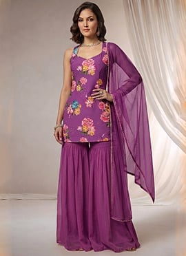 Digital Print Georgette Sharara Suit In Purple