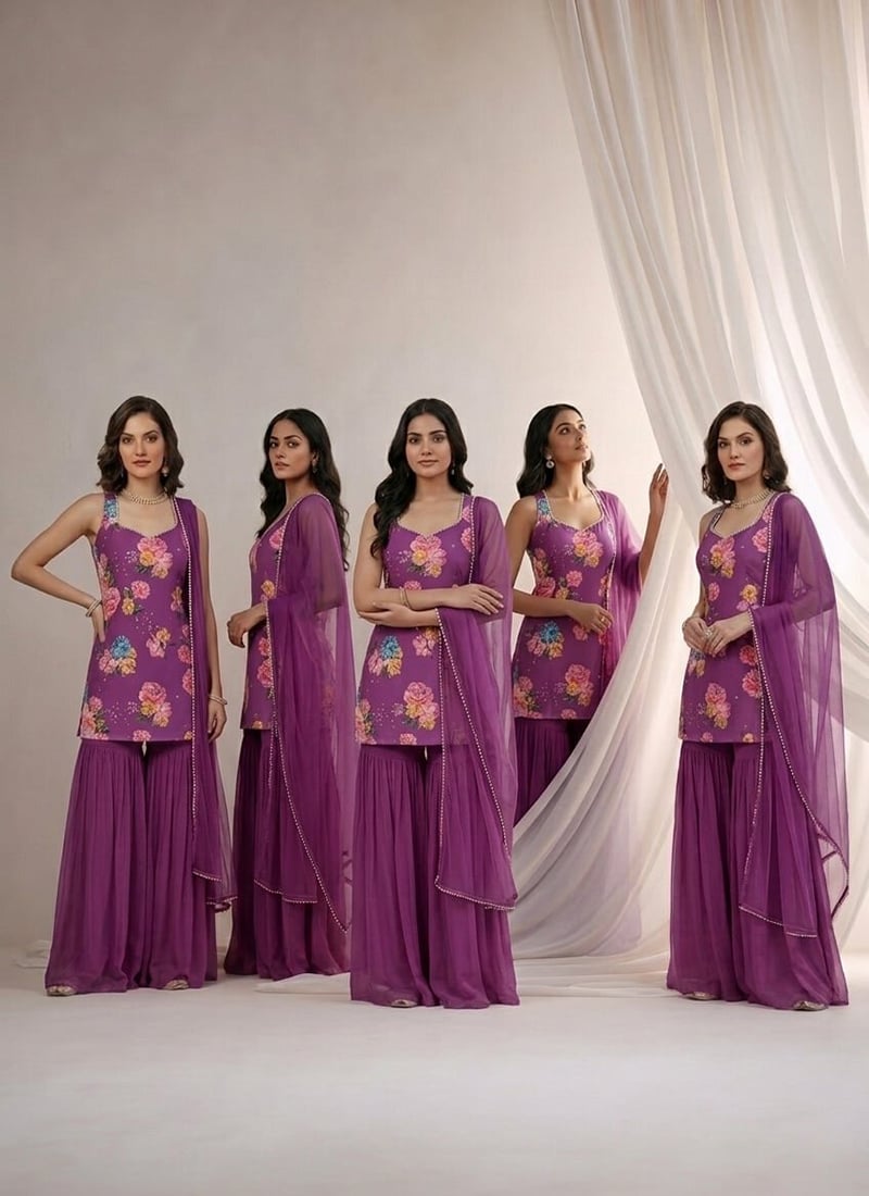 Digital Print Georgette Sharara Suit In Purple After Six Wear