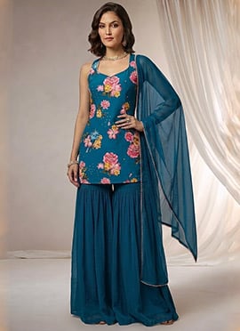 Digital Print Georgette Sharara Suit In Teal Blue