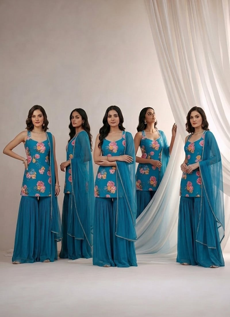 Digital Print Georgette Sharara Suit In Teal Blue After Six Wear