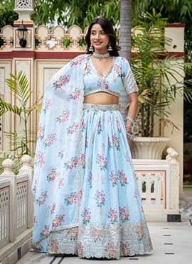 Digital Print Sequins Lehenga Blue Georgette Embroidered