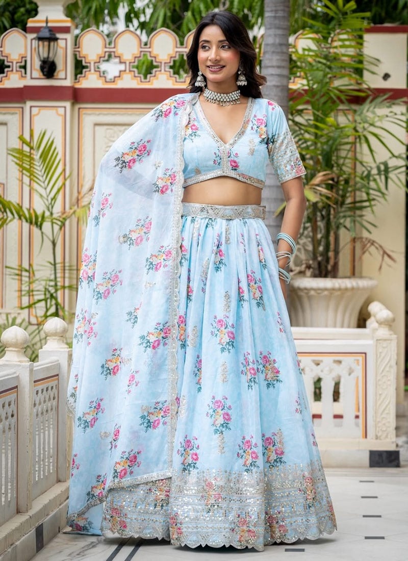 Digital Print Sequins Lehenga Blue Georgette Embroidered Festive Wear
