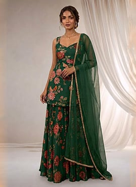 Digital Print Stone Work Georgette Sharara Suit In Green