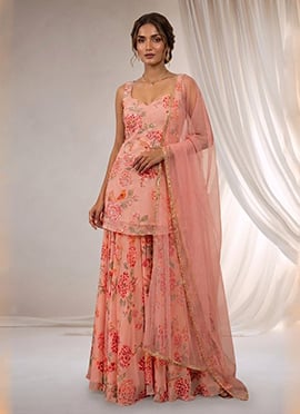 Digital Print Stone Work Georgette Sharara Suit In Pink