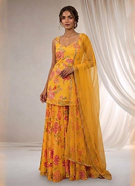 Digital Print Stone Work Georgette Sharara Suit In Yellow