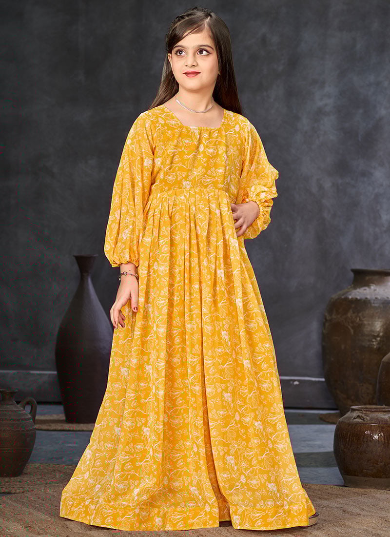 Digital Print Yellow Kids Girls Gown Party Wear