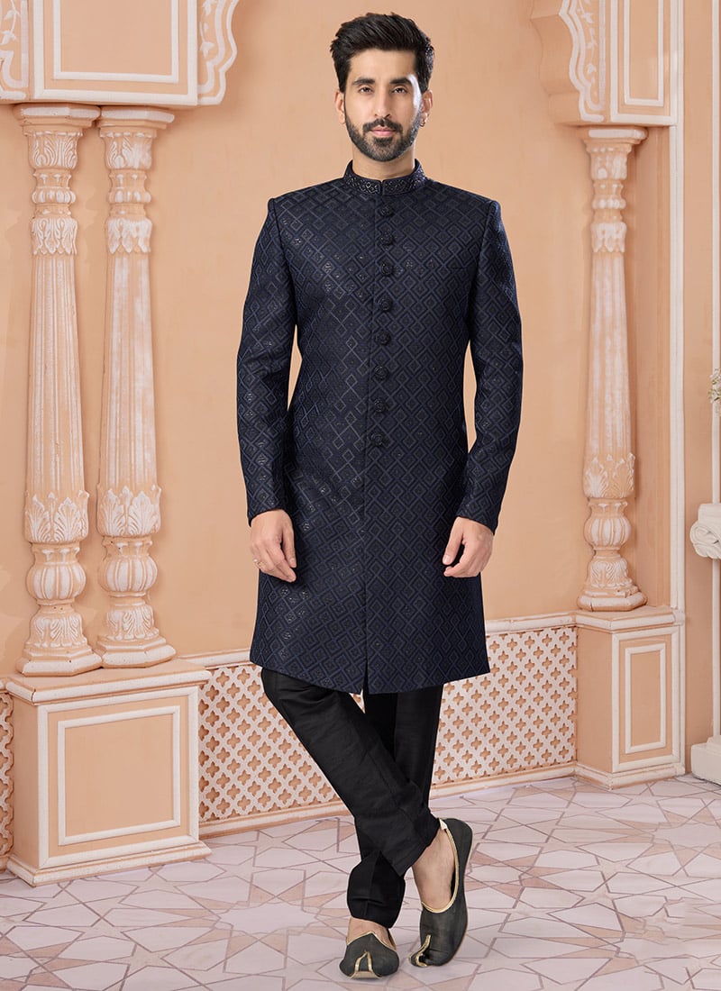 Dignified Sequins Hand Work Jacquard Silk Indowestern Sherwani Wedding Wear