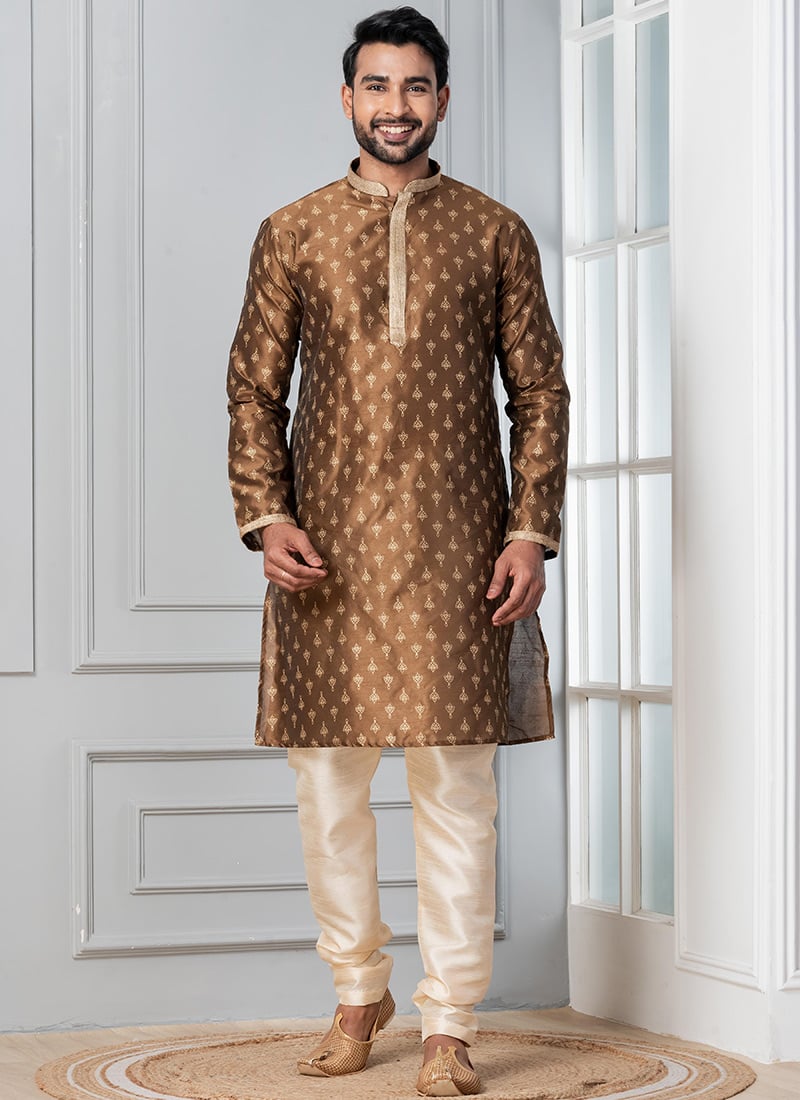 Distinguished Brown Dupion Silk Printed Kurta Pyjama Festive Wear