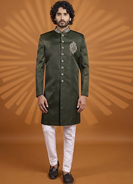 Distinguished Green Silk Embroidered Classic Sherwani