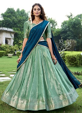 Divine Beauty In Mint Green Kanchipuram Zari Woven Lehenga