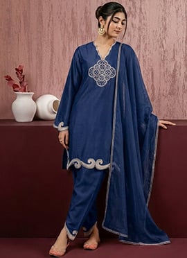 Divine Blue Art Silk Embroidered Resham Zari Straight Pant Suit