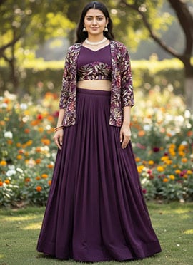 Divine Purple Georgette Foil Print Indowestern Set and Suit