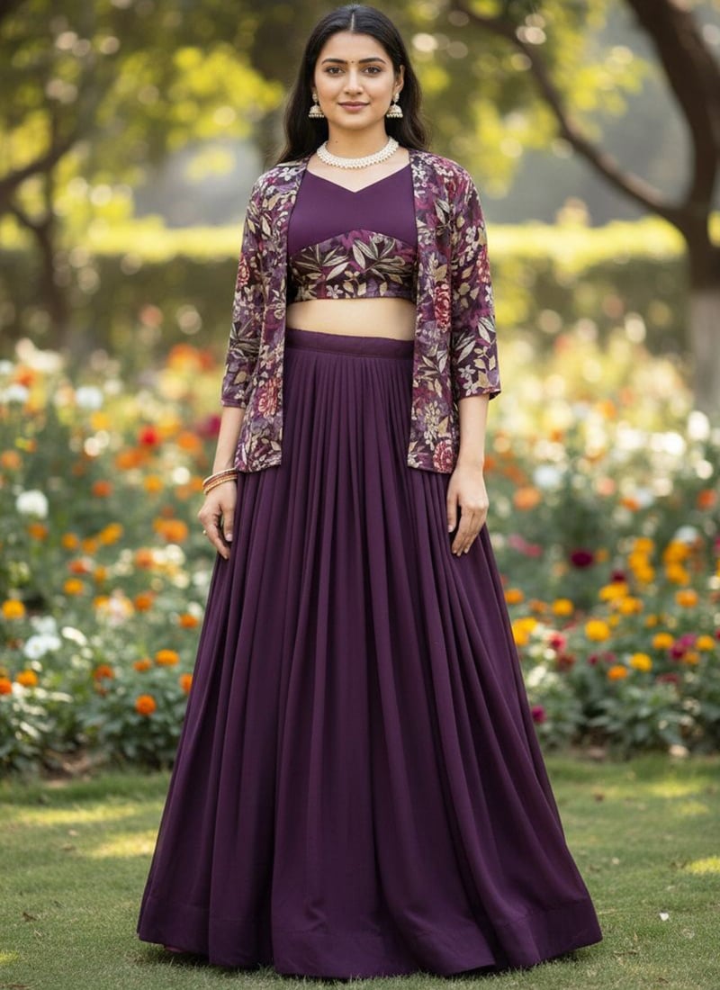 Divine Purple Georgette Foil Print Indowestern Set and Suit Wedding Wear