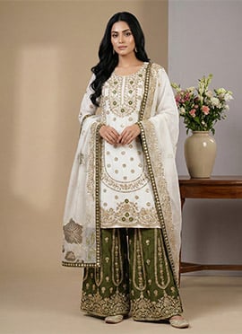 Divine White Chinon Embroidered Sequins Palazzo Suit