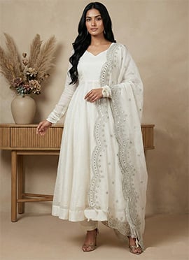 Divine White Fendy Silk Embroidered Sequins Anarkali Suit