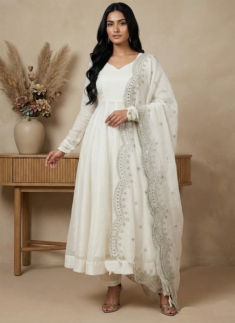 Divine White Fendy Silk Embroidered Sequins Anarkali Suit Festive Wear
