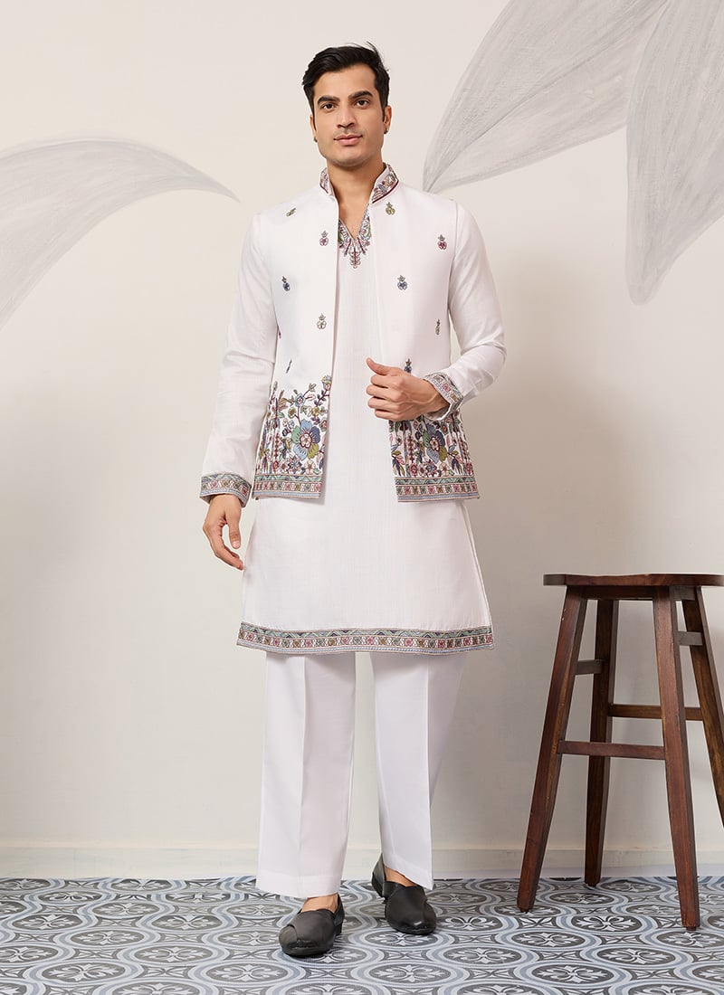 Divine White Viscose Silk Embroidered Sequins Thread Bandi Set Wedding Wear