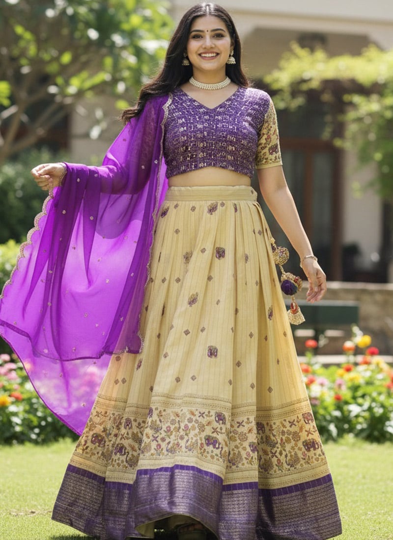 Divine Yellow Polyester Silk Kalamkari Print Embroidered Sequins Umbrella Lehenga Festive Wear