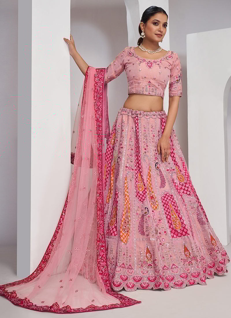 Diwali Pink Silk Zari A Line Lehenga Embossed With Embroidery And Sequins Wedding Wear