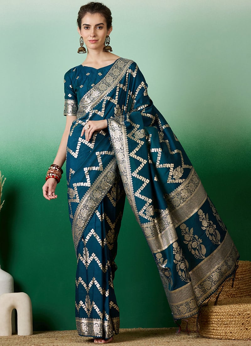 Dola Silk Teal Jacquard Woven Classic Saree For Indian Women Festive Wear